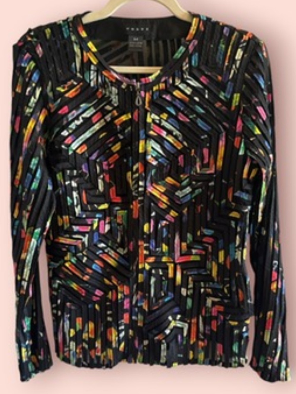 Vintage Weavz Textured Geometric Zip Front Jacket Top